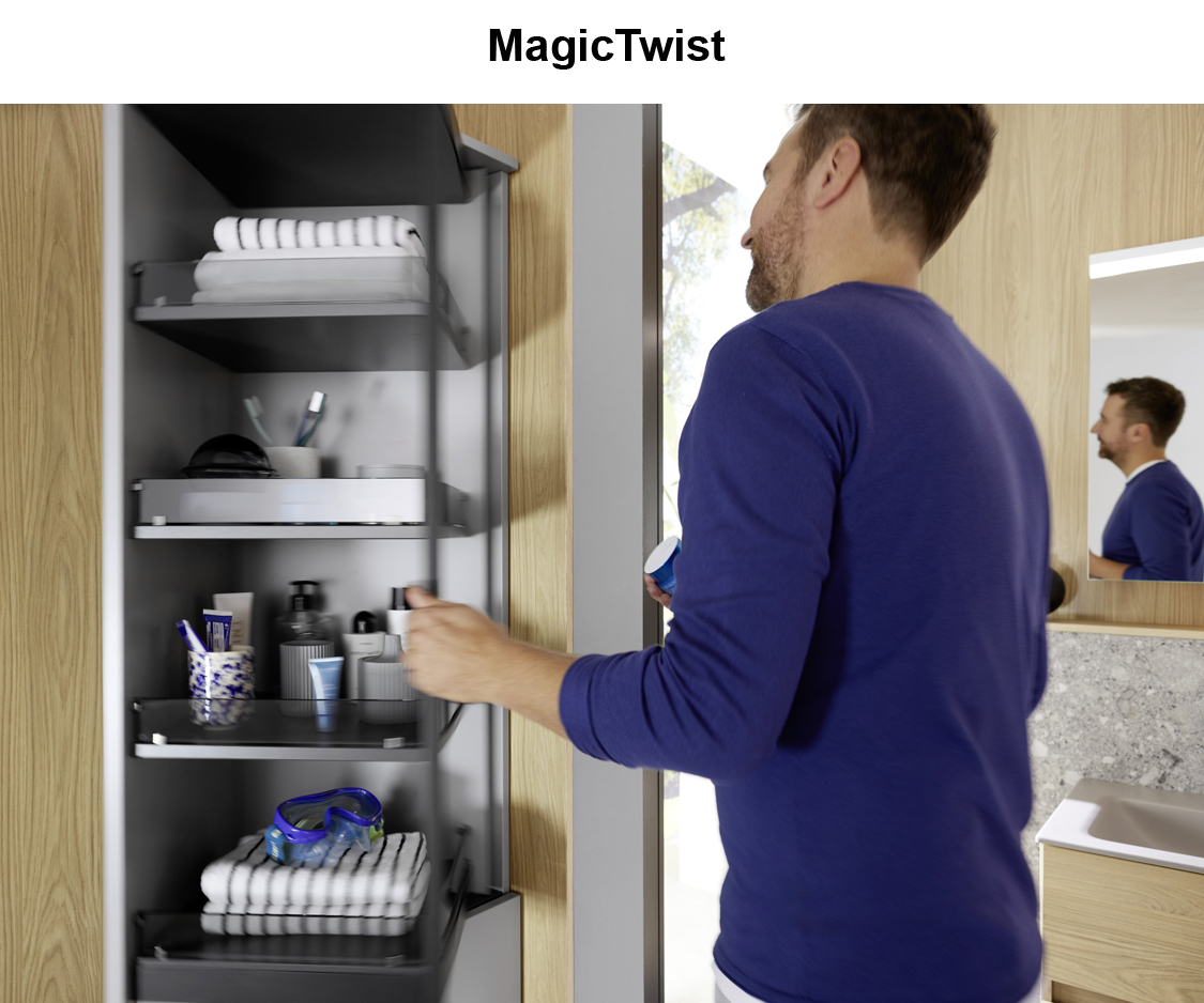 Hochschrank MagicTwist in hellgrau geöffnet