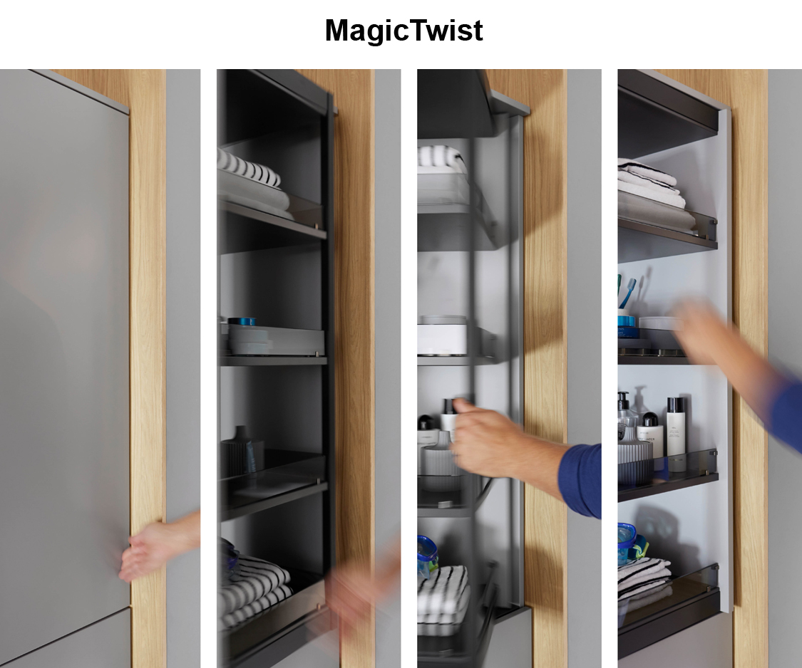Hochschrank MagicTwist in hellgrau verschiedene Öffnungsstadien